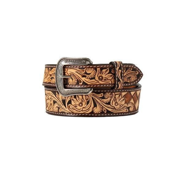 3D Belt Co. Men's Hand Tooled Floral Checkered Leather Belt