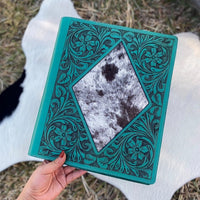 Leather Floral Embossed Diamond Cowhide Portfolio in Turquoise