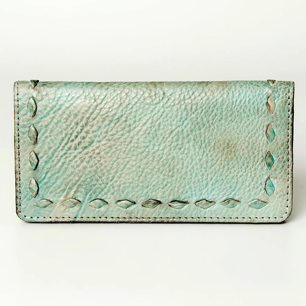 Never Mind! Western Buckstitched Antique Aqua Genuine Leather Bifold Wallet