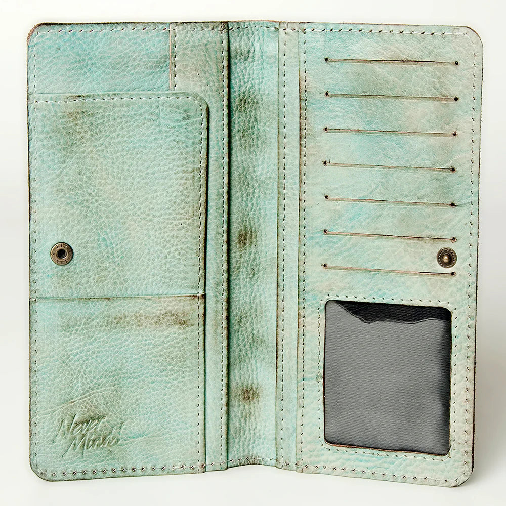 Never Mind! Western Buckstitched Antique Aqua Genuine Leather Bifold Wallet