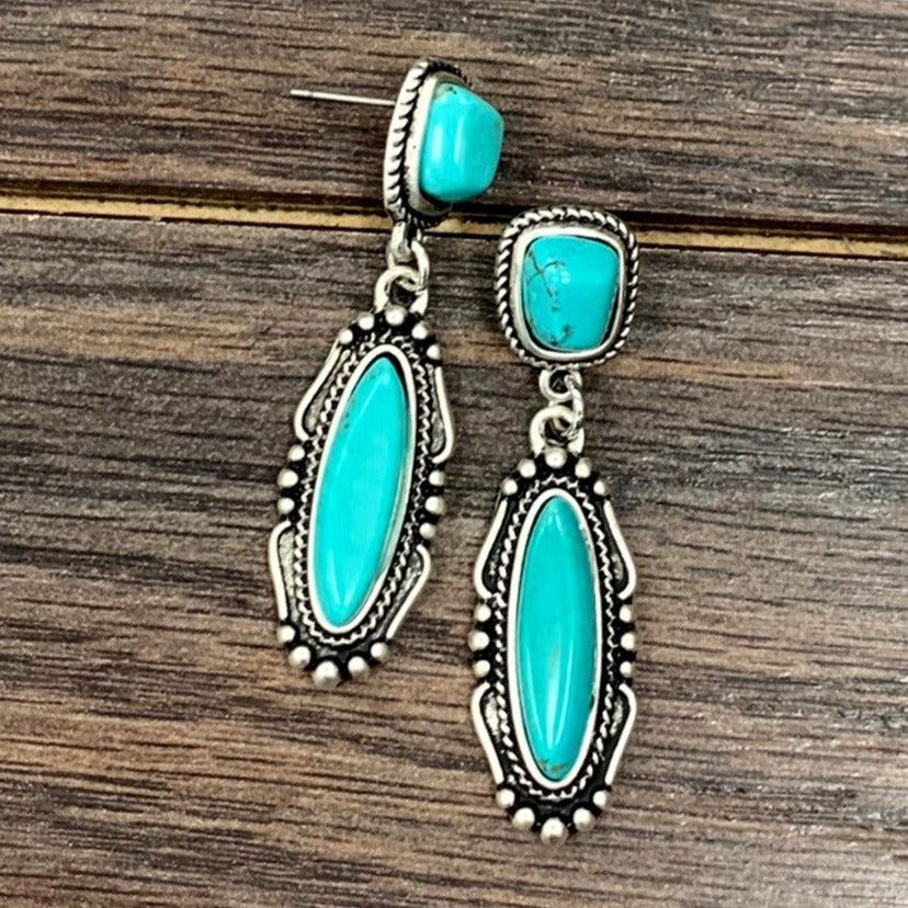 Double Turquoise Stone Oval Drop Earrings