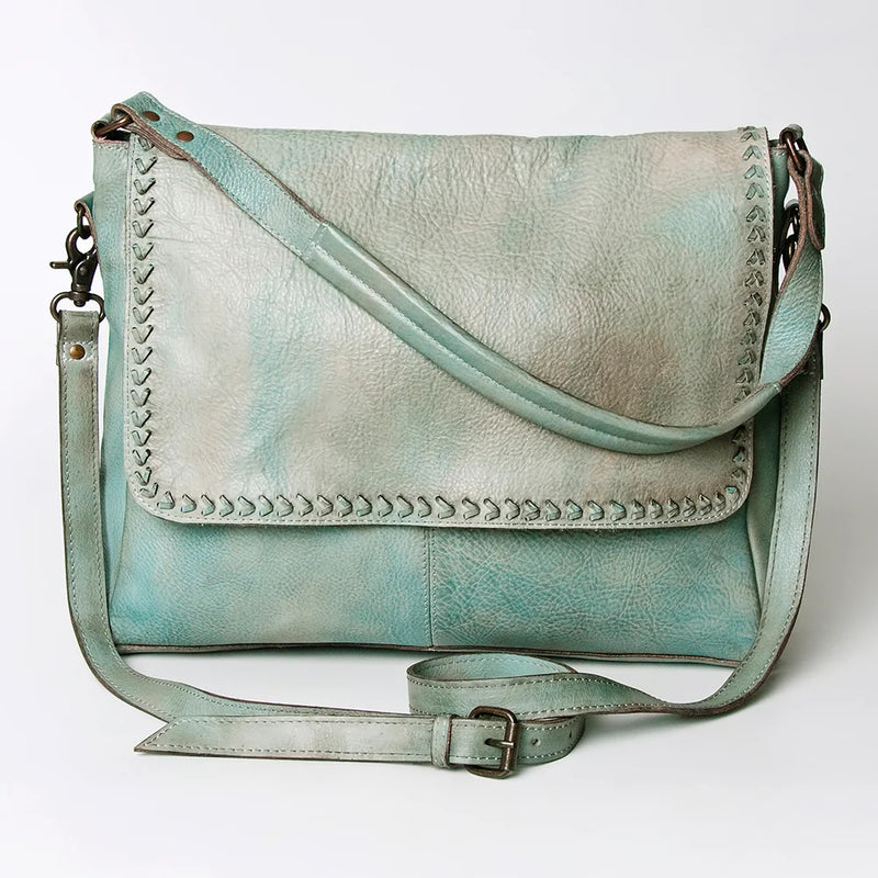 Never Mind! Western Leather Braided Antique Aqua Leather Crossbody Bag