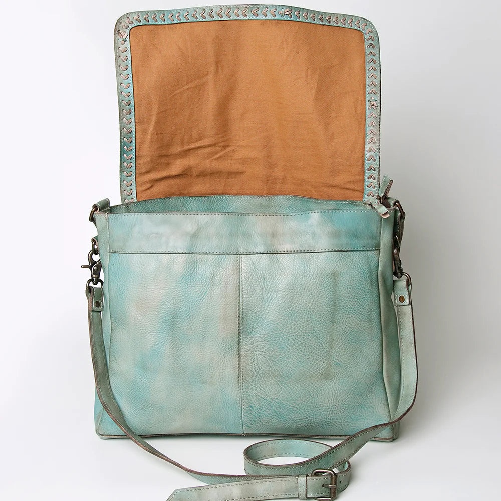 Never Mind! Western Leather Braided Antique Aqua Leather Crossbody Bag