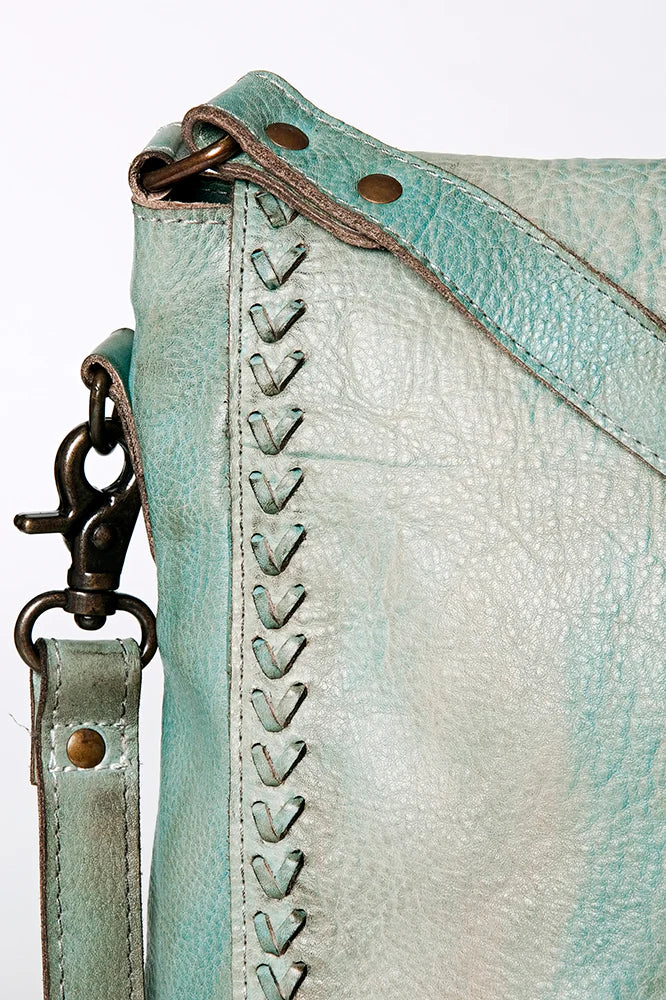 Never Mind! Western Leather Braided Antique Aqua Leather Crossbody Bag