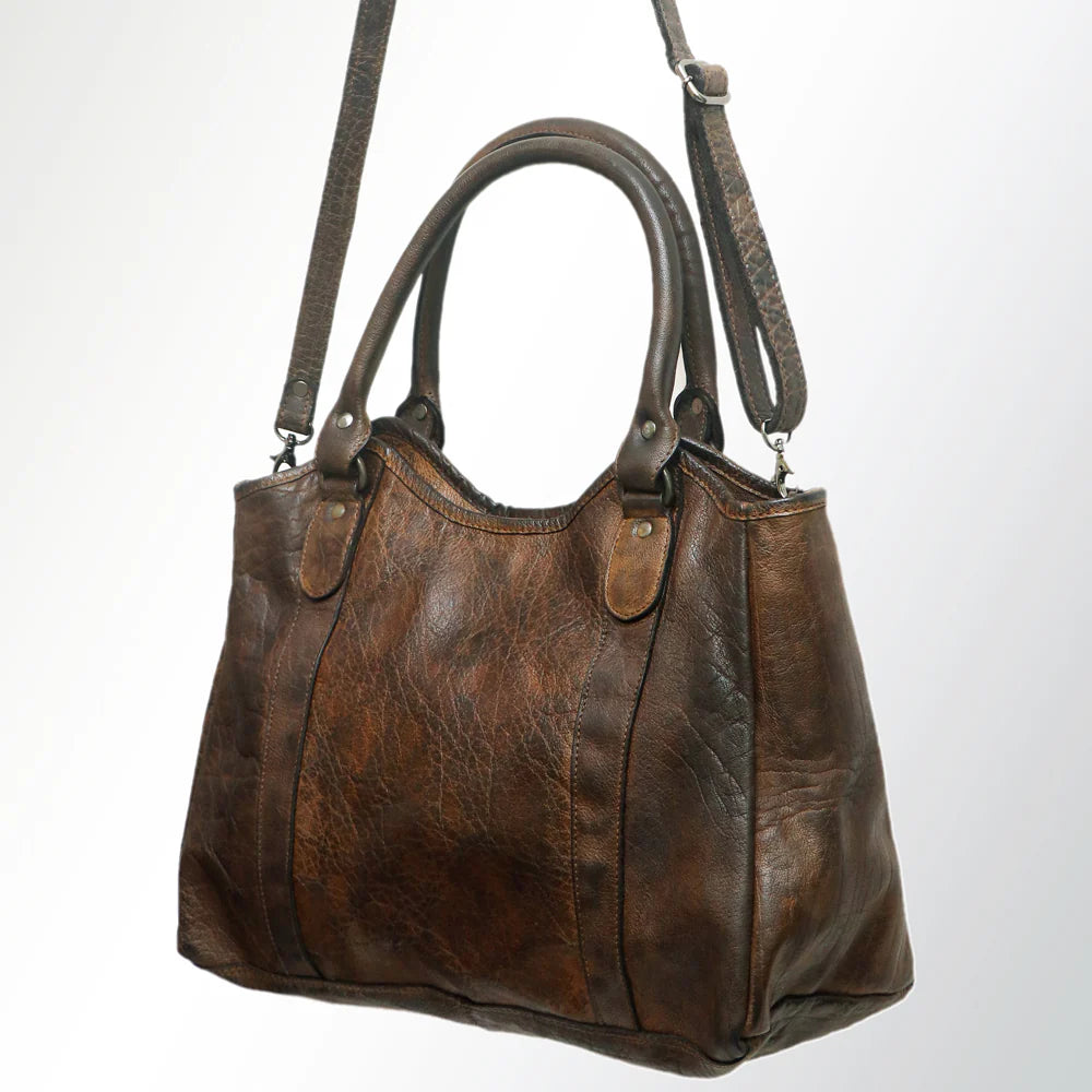 Never Mind! Western Textured Brown Genuine Leather Tote Bag