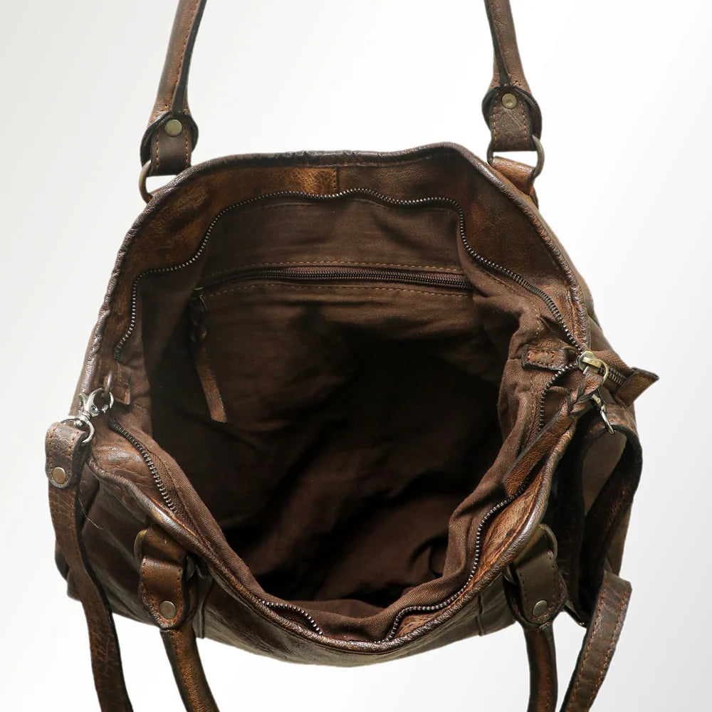 Never Mind! Western Textured Brown Genuine Leather Tote Bag