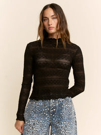 Women's L/S Striped Lace Mesh Top in Black (Available in Regular and Plus Sizes)