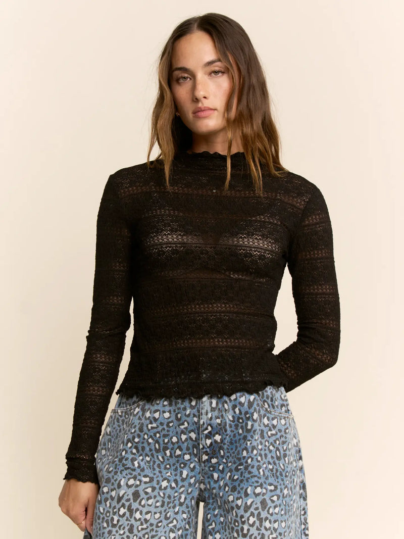 Women's L/S Striped Lace Mesh Top in Black (Available in Regular and Plus Sizes)