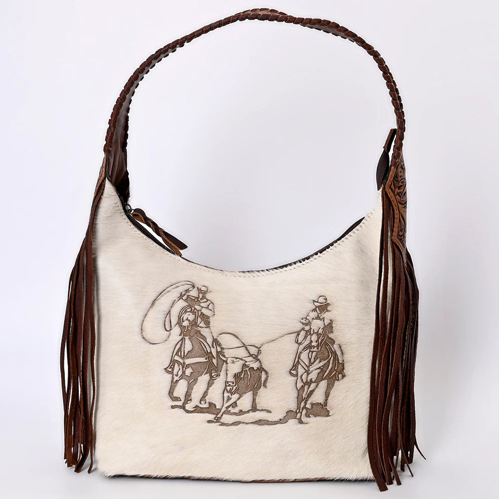 American Darling Western Branded Floral Tooled Hair-on-Hide Leather Hobo Bag