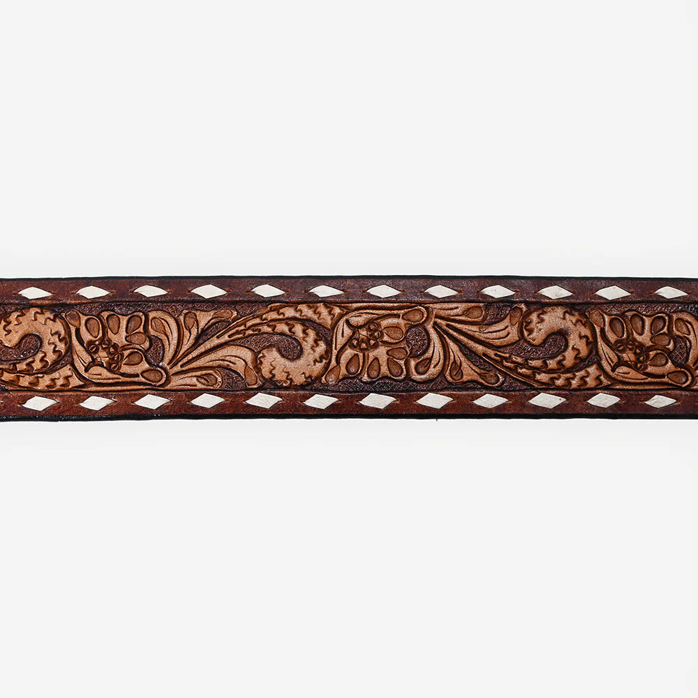 American Darling Western Floral Tooled & White Buckstitched Leather Belt
