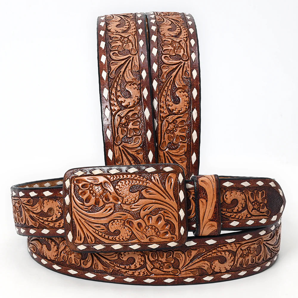 American Darling Western Floral Tooled & White Buckstitched Leather Belt