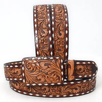 American Darling Western Floral Tooled & White Buckstitched Leather Belt