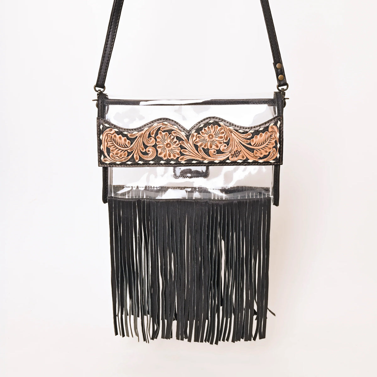 American Darling Fringe & Floral Hand Tooled Leather Clear Crossbody Bag