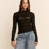 Women's L/S Striped Lace Mesh Top in Black (Available in Regular and Plus Sizes)