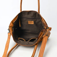 Never Mind! Western Cross Stitched Contrast Brown Genuine Leather Tote Bag