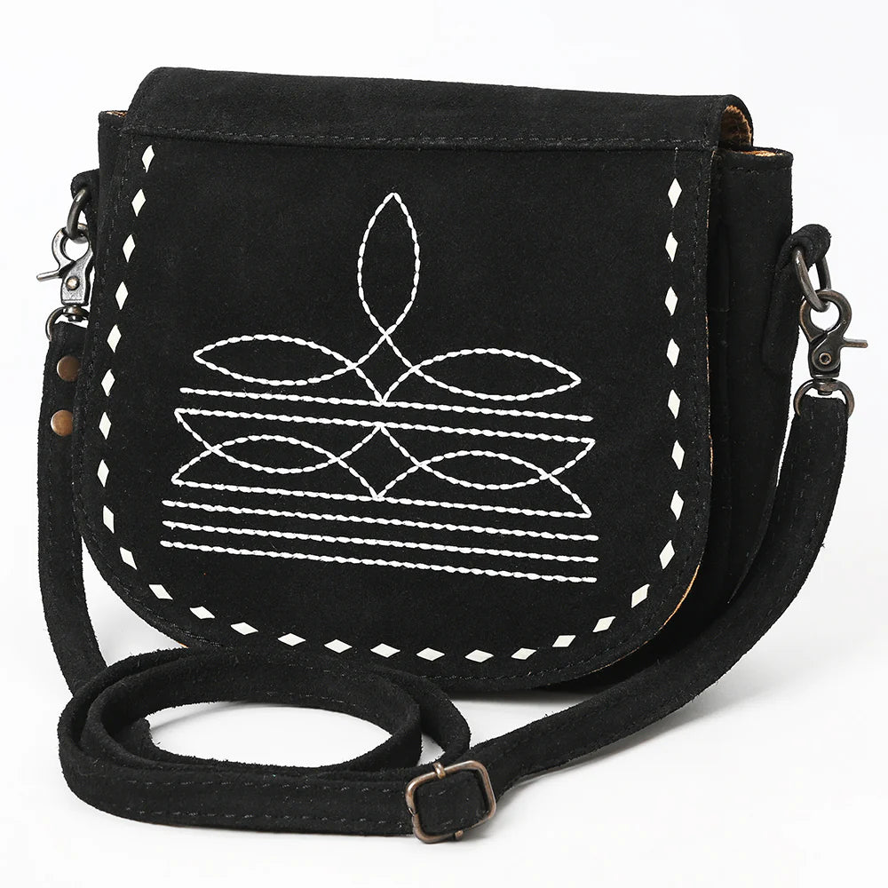 American Darling Western Boot Stitch Black Leather Crossbody Bag