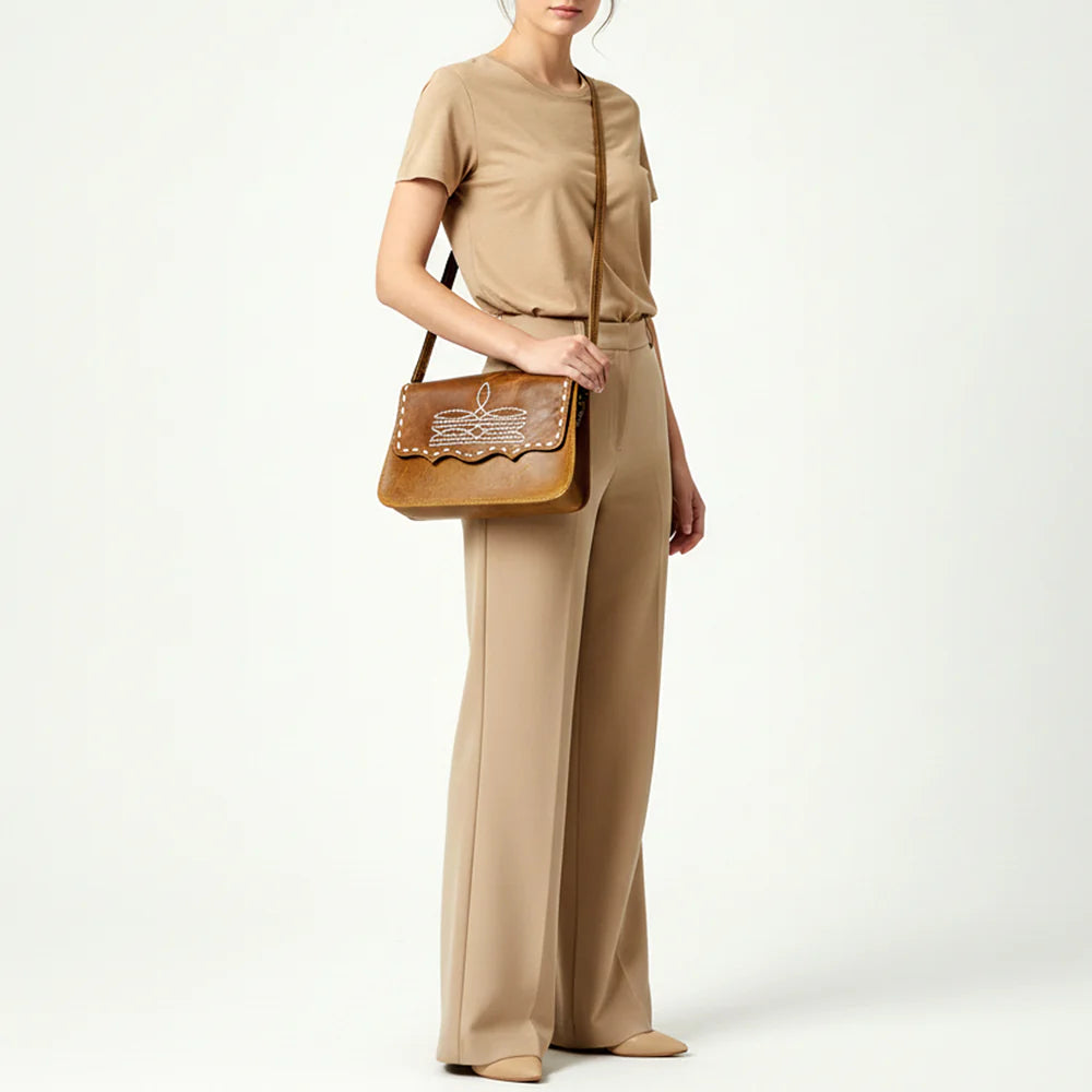 American Darling Western Boot Stitch Distressed Tan Leather Crossbody Bag