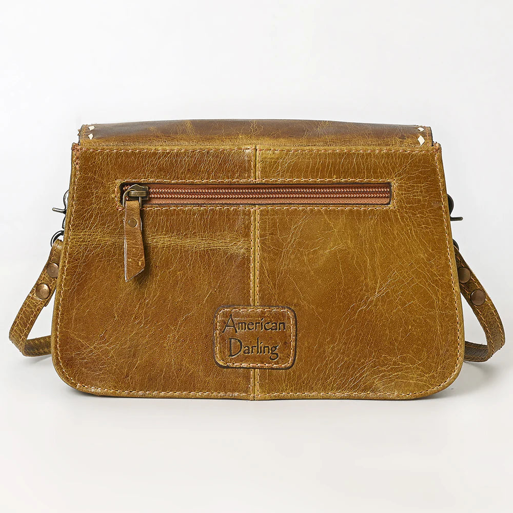 American Darling Western Boot Stitch Distressed Tan Leather Crossbody Bag