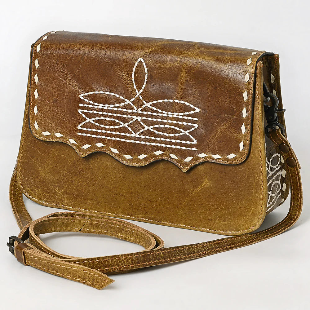 American Darling Western Boot Stitch Distressed Tan Leather Crossbody Bag