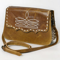 American Darling Western Boot Stitch Distressed Tan Leather Crossbody Bag