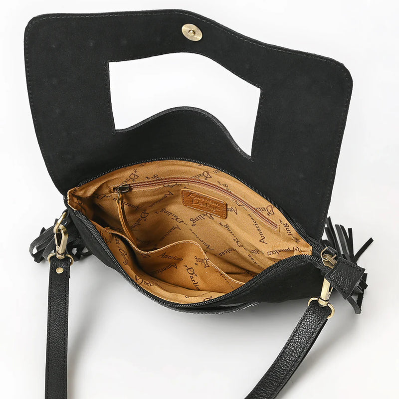 American Darling Genuine Suede Tooled Leather Inlay Fringe Crossbody Bag