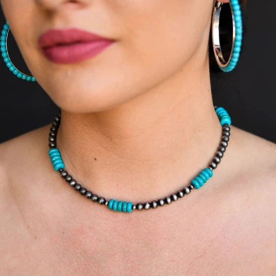 West & Co. Silver Navajo Inspired Pearl & Turquoise Beaded Choker