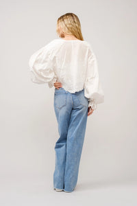 Women's L/S Tie Front Eyelet Embroidered Cropped Blouse in White