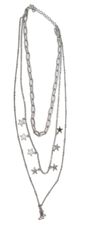 West & Co. Silver Layered Cowboy Boot & Stars Multi-Chain Necklace