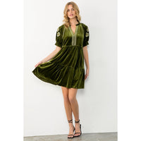 Women's S/S Floral Embroidered Sleeve Mini Velvet Dress (Available in Two Colors)