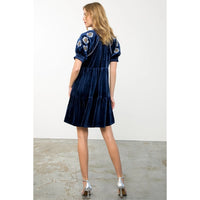 Women's S/S Floral Embroidered Sleeve Mini Velvet Dress (Available in Two Colors)
