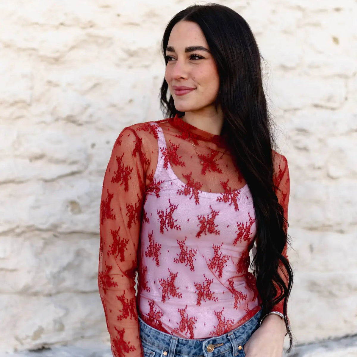 Women's L/S Lace Mesh Top in Rust