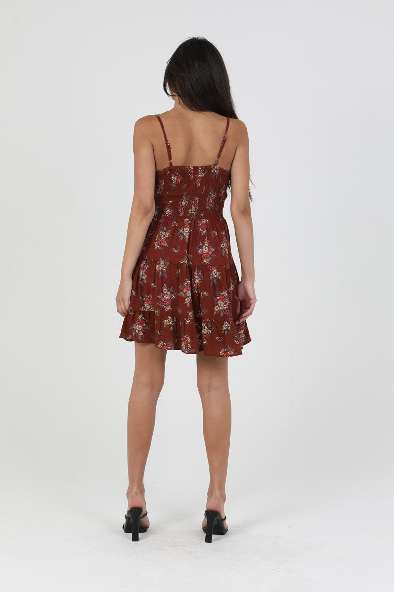 Women's Twist Front Ditsy Floral Sundress in Burgundy