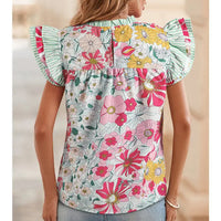 Women's Floral Print Contrast Ruffle Trim Short Sleeve Blouse in Pink