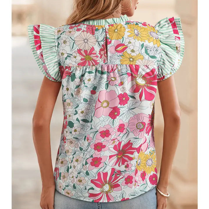 Women's Floral Print Contrast Ruffle Trim Short Sleeve Blouse in Pink