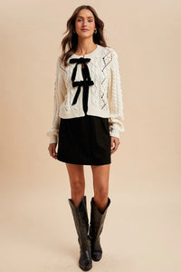 Women's Cable Knit Ribbon Tie Cardigan in Cream