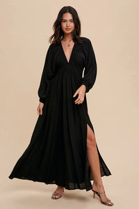 Women's Plunge V-Neck Dolman Sleeved Solid Black Maxi Dress