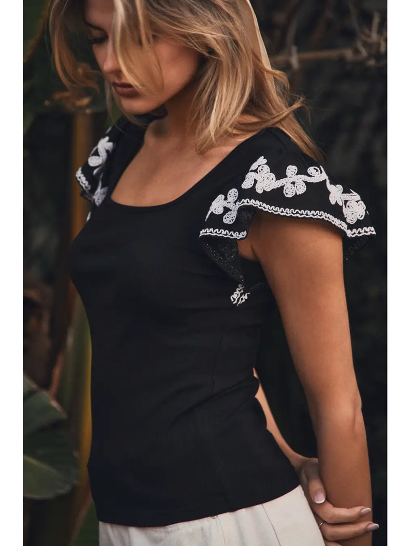 Women's Square Neckline Ribbed Knit Top in Black (Available in Regular and Plus Sizes)