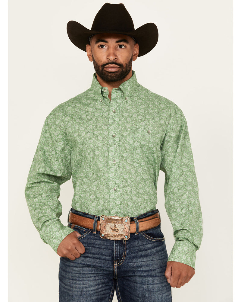 Wrangler Men's L/S Relaxed Paisley Button Down Shirt in Green