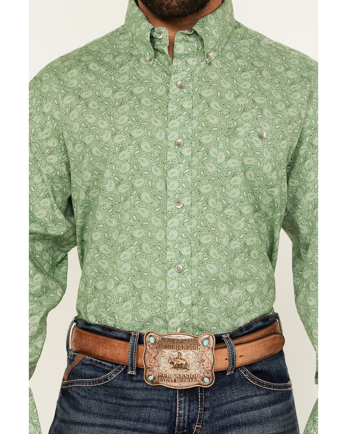 Wrangler Men's L/S Relaxed Paisley Button Down Shirt in Green