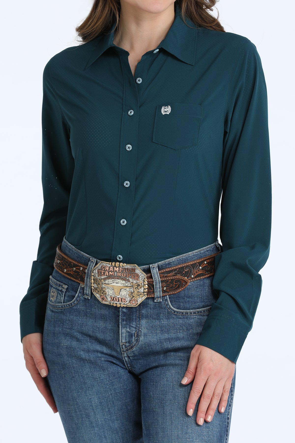 Cinch Women's L/S ArenaFlex Solid Black Western Button Down Shirt in Deep Teal