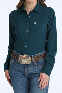 Cinch Women's L/S ArenaFlex Solid Black Western Button Down Shirt in Deep Teal