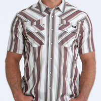 Cinch Men's S/S Camp Shirt in White/Burgundy Stripe