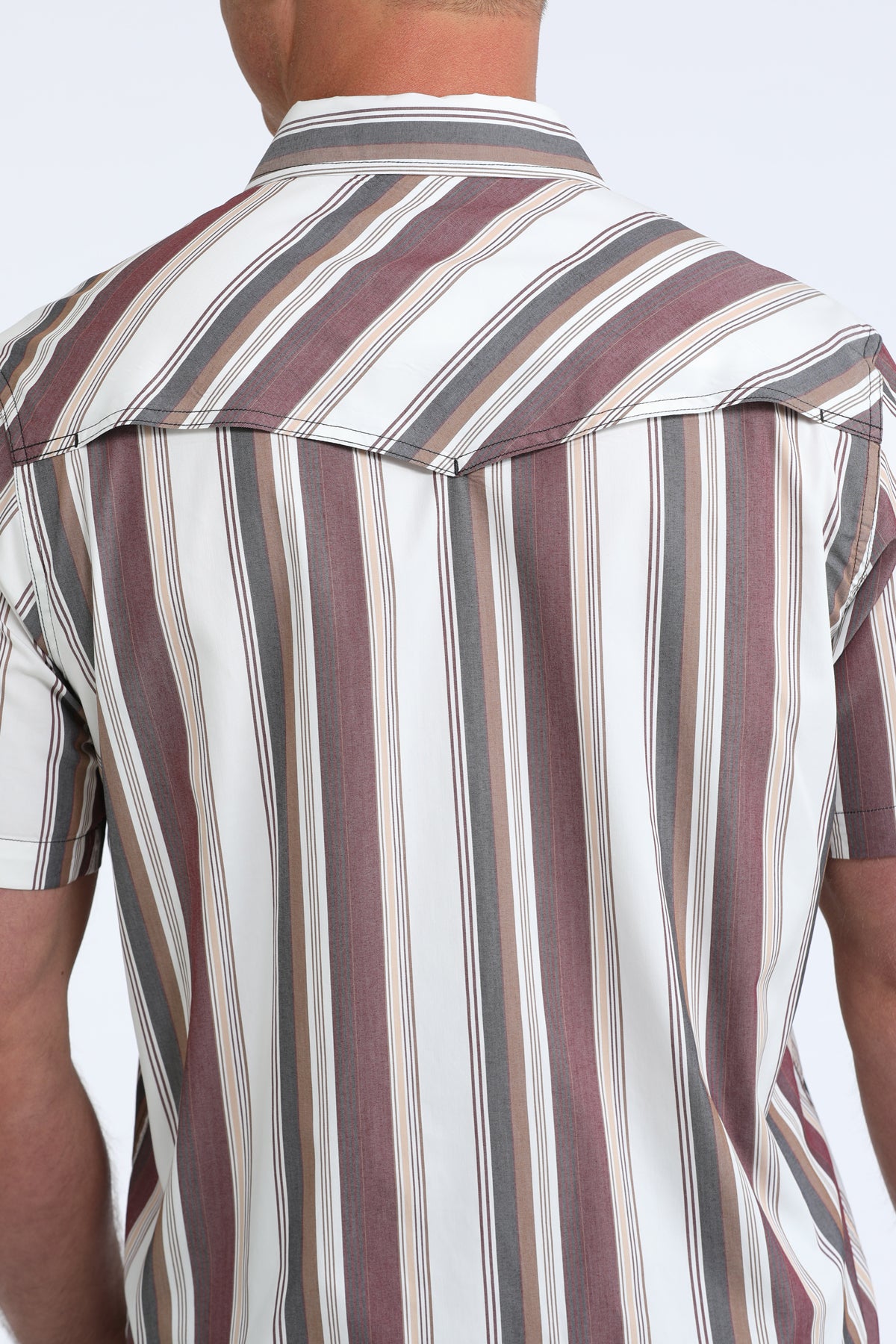 Cinch Men's S/S Camp Shirt in White/Burgundy Stripe