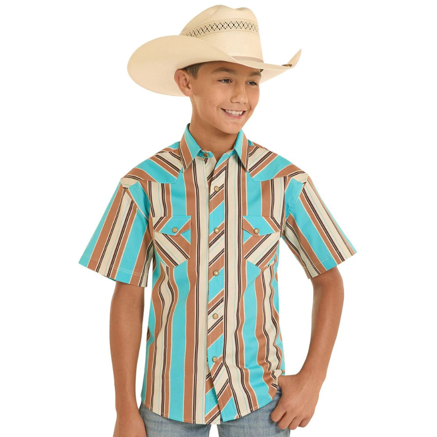 Rock & Roll Denim Boy's S/S Western Pearl Snap Shirt in Teal