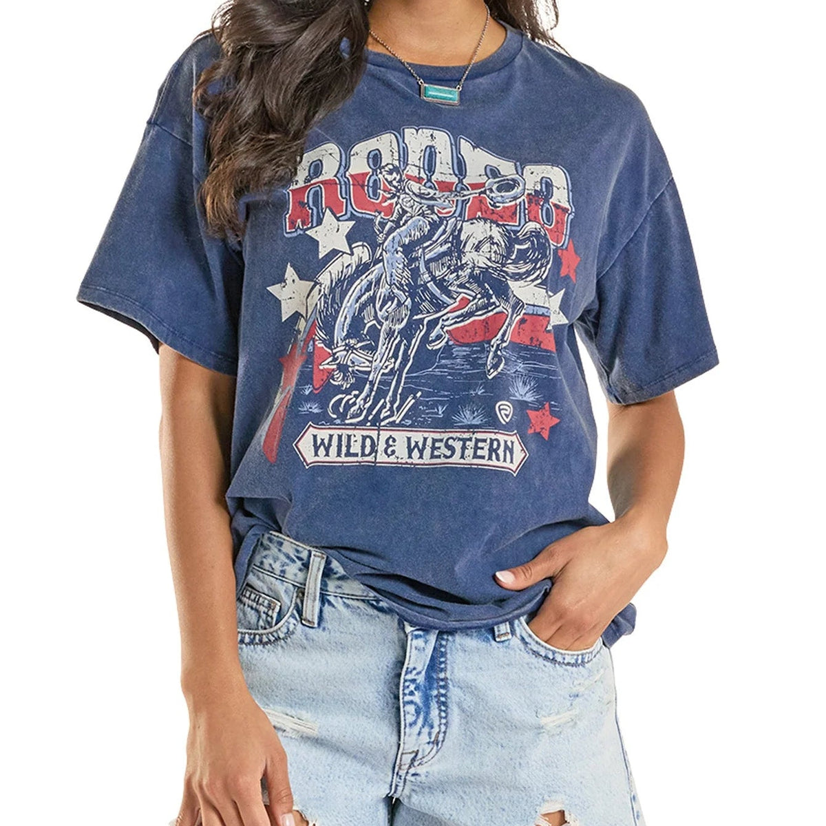 Women's Rock & Roll Denim Wild & Western Rodeo Graphic Tee in Blue
