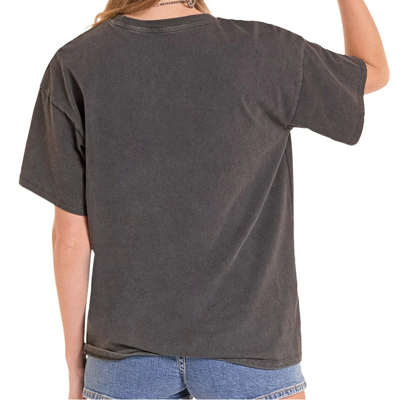 Women's Rock & Roll Denim Longhorn Skull Rodeo Graphic Tee in Charcoal