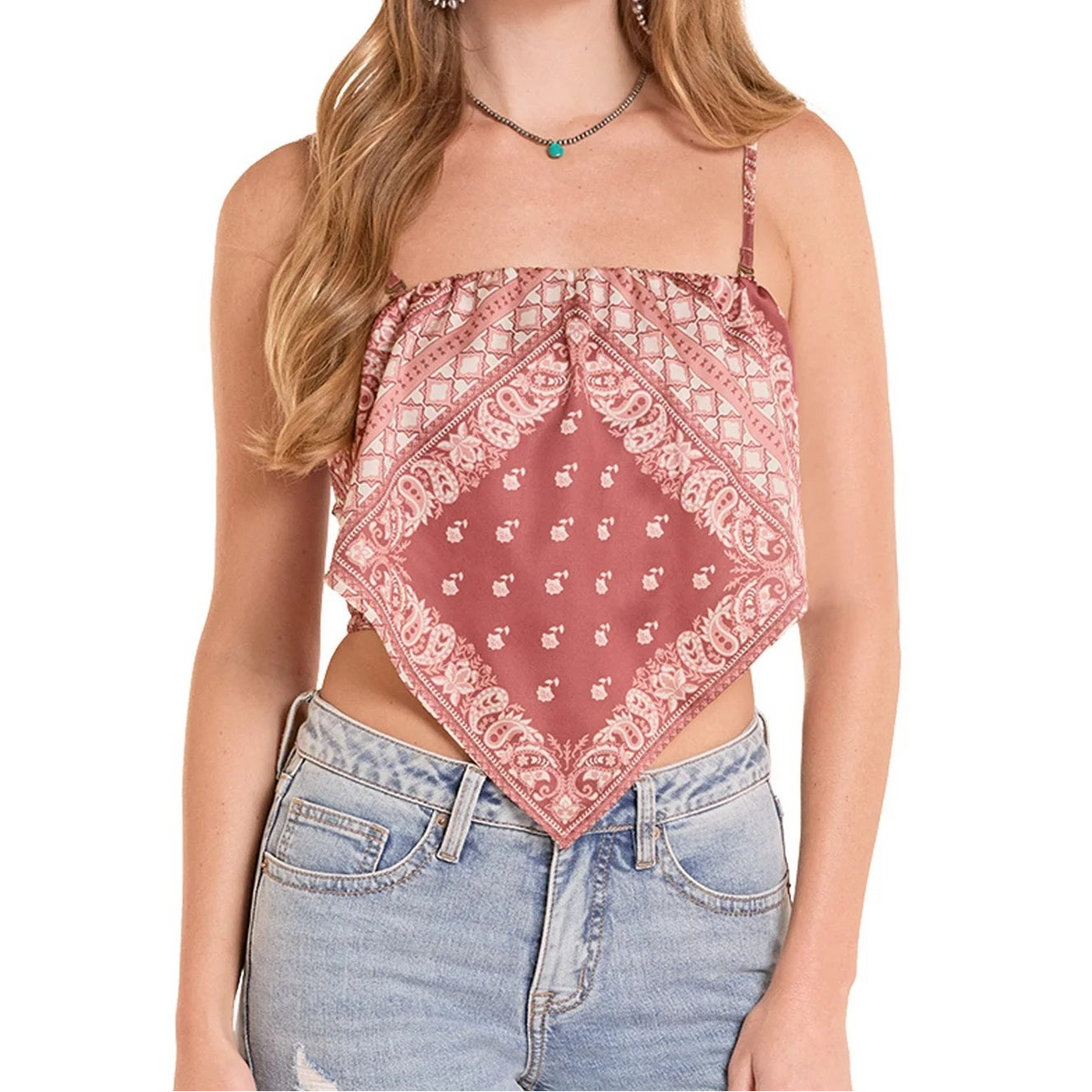 Women's Rock & Roll Denim Bandana Tank in Burgundy