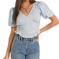 Rock & Roll Denim Women's Floral Smocked Top in Cerulean