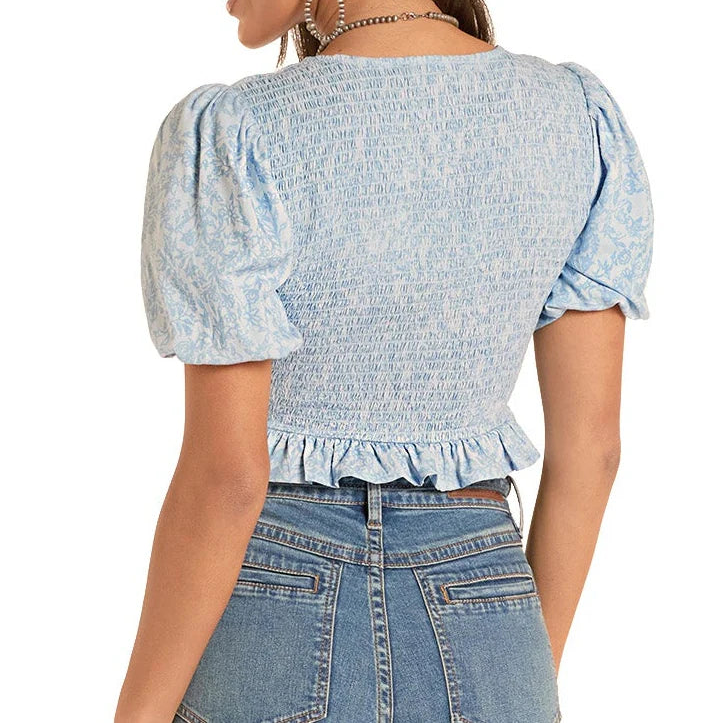 Rock & Roll Denim Women's Floral Smocked Top in Cerulean