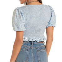 Rock & Roll Denim Women's Floral Smocked Top in Cerulean